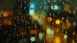 The light from the streetlamps danced in the drizzling rain, casting a colorful amber glow on the blurred abstract of water drops cascading down the window on a dark and mysterious night