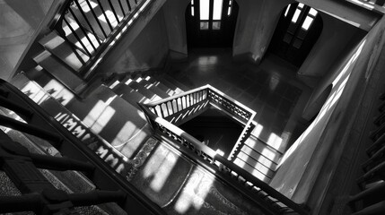 Fototapete - A monochrome staircase with a triangular handrail ascends towards a bright window, creating a symmetrical and illuminating indoor path in the midst of a bustling street