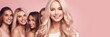 © Nataliia - Beautiful woman's with long groomed hair isolated on pink background. Hair care products banner