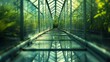 A breathtaking glass bridge connects two worlds, surrounded by a lush green oasis and reflecting the vibrant outdoor light, creating a mesmerizing fusion of nature and modern architecture