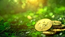 Saint Patrick's Day Themed Bitcoin Moving Background Of A Golden Bitcoin Laying In A Patch Of Clover