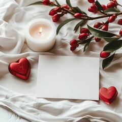 Poster - The background is white and there is a white card for inserting messages in the form of a simple background, blurred white light, decorated around with beautiful red wooden hearts.
