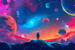 An AI generative image interstellar concept of astronaut standing on the planet in the with colourful galaxy insight.