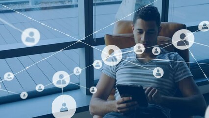 Sticker - Animation of network of connections with people icons over caucasian man with tablet