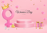 Fototapeta  - 3D Rendering Women's Day Podium Stage For Product Placement With Pink Golden Gifts And Female Symbol Wearing Crown