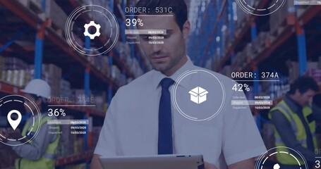 Poster - Animation of icons and data processing over caucasian man working in warehouse