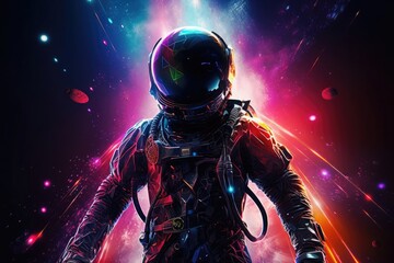 vibrant astronaut in futuristic gear against a backdrop of colorful cosmic nebulae and twinkling sta