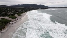 Carmel Beach California - Stunning Aerial View Of Waves Rolling On The Dunes