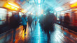 Motion blur of people walking in Tube tunnel, rush hours, commuting concept