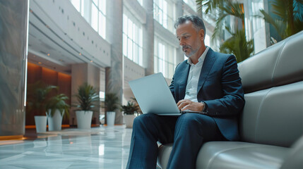 Wall Mural - Businessman using laptop in big modern office building lobby