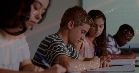 Sticker - Image of mathematical equations over school children writing in classroom