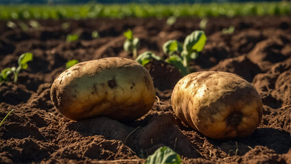 Potato harvest on the ground close up field