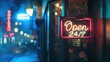 Neon 'Open 24/7' sign in an urban night setting