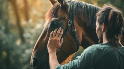person caressing a horse in the sunlight, nature setting