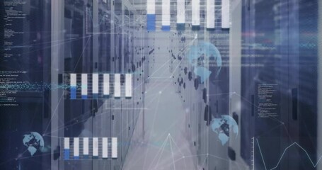 Wall Mural - Animation of data processing and network of connections over server room