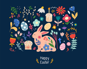 Awesome happy easter card in vector. Funny rabbits and spring flowers with hearts. Stylish holiday background in popular style.Vector illustration.