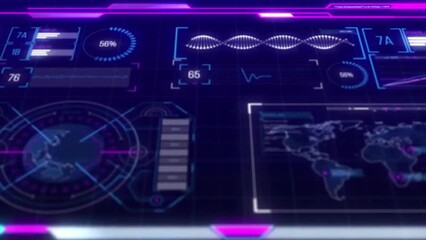 Wall Mural - animation of data processing on charts, graphs and world map on dark interface screen