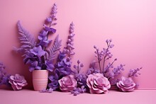 Elegant Arrangement Of Various Purple Flowers And Delicate Roses On A Soft Pink Background, Perfect For Creating Stunning Floral Designs And Elegant Backgrounds For Various Projects And Presentations.