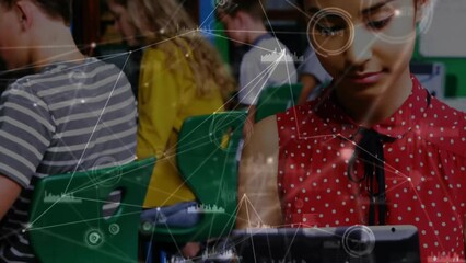 Sticker - Animation of network of connections over biracial woman using tablet