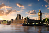 Fototapeta Big Ben - Sunset Panorama of Historic London: Big Ben, River Thames and surrounding landmarks