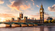 Sunset Panorama of Historic London: Big Ben, River Thames and surrounding landmarks
