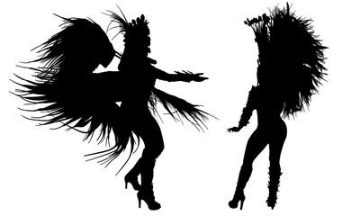 samba, baile, brasil, danza, carnaval, silueta, color, vector, pegatina, plumas, traje,  ilustracion, angel, diablo, pareja