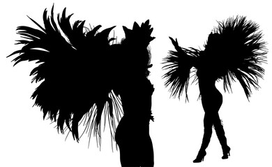 samba, baile, brasil, danza, carnaval, silueta, color, vector, pegatina, plumas, traje,  ilustracion, angel, diablo, pareja