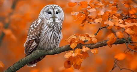The Ural Owl, Strix uralensis, Poised Elegantly on an Oak Branch as Autumn Unfolds Around
