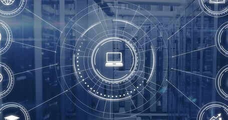 Animation of network of connections with icons and data processing over computer servers