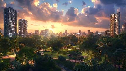 Wall Mural - A cityscape with towering buildings in the background and a lush green park in the foreground
