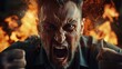Close-up of an extremely angry adult mature man screaming with fire flames in background