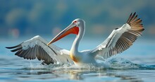 A Pelican In Flight, Wings Spread Wide, Hunting In The Wild Under A Clear Blue Sky