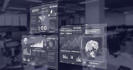 Poster - Animation of financial data processing over empty office