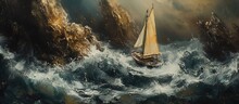 The Painting Depicts A Sailboat Navigating Through Tumultuous Waves In Rough Seas, With Rocks Visible In The Distance. The Scene Captures The Intensity And Danger Of The Maritime Environment.