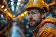 © Larisa AI - A blue-collar worker with determination in his eyes, wearing a yellow hard hat and protective goggles, walks confidently down the street, embodying the grit and resilience of an engineer ready to tac
