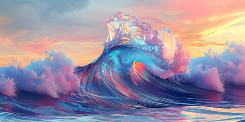 Colorful Ocean Wave. Sea water in crest shape. Sunset light and on background.