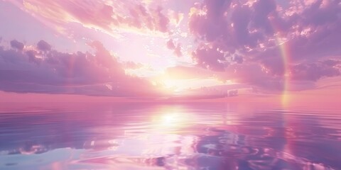 Dramatic sea sunset, Glowing purple clouds and rainbow. Beautiful reflection of light and clouds on the surface of the sea. Fantasy landscape, seascape background. 