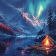 Campers set up tents and light a fire in the winter camp among the mountains and lush forests in an area complete with aurora skies dancing above the sky. Good for business, travel etc. Generative AI