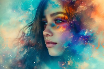 Wall Mural - Woman's portrait with cosmic space elements merged