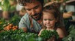 A young girl and her father share a smile while holding a bounty of fresh, local produce, including vibrant lettuce and nutritious broccoli, in an idyllic outdoor setting