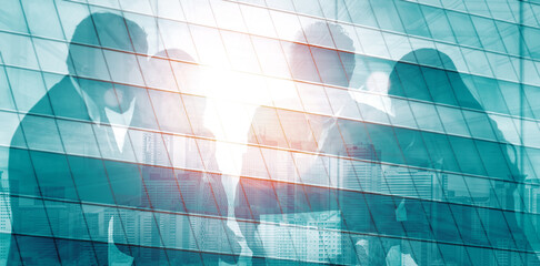 Wall Mural - double exposure image of faded business abstract background with office building and people conferen