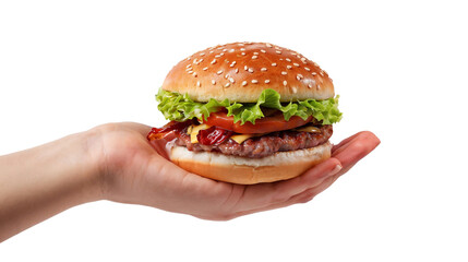 Hand holding a hamburger, transparent, isolated on white background