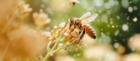 Poster - Close-up of a bee pollinating a colorful flower with water droplets on petals in a garden