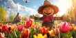 Cheerful scarecrow in a vibrant tulip garden symbolizes joyful spring and rural charm