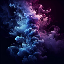 Trendy Abstract Multicolored Colorful Blue & Purple Powder Mix Explosion Smoke Puff Cloud Formation Against Dark Background. Flowing Hookah Poison Gas, Space Violet Dust Gradient Wave Fog Water Effect