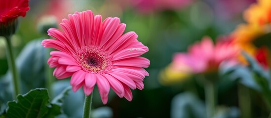 Wall Mural - Vibrant pink flower with lush green leaves in a beautiful garden setting