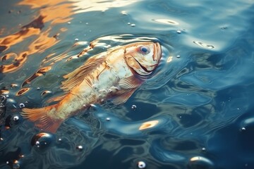 Dead fish in water due to oil leaking pollution.