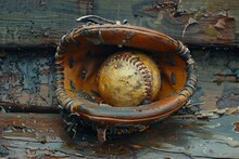 Amidst The Outdoor Chaos Of An Athletic Game, A Worn Baseball Rests Peacefully In A Wooden Glove, Its Dirt-covered Surface A Testament To The Ground It Has Conquered