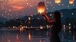 A graceful young lady release sky lantern to celebrate Chinese lunar new year.