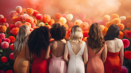 Back view of group of women against red and orange dahlias. International Women's Day and March 8 concept. Fantasy background with copy space.